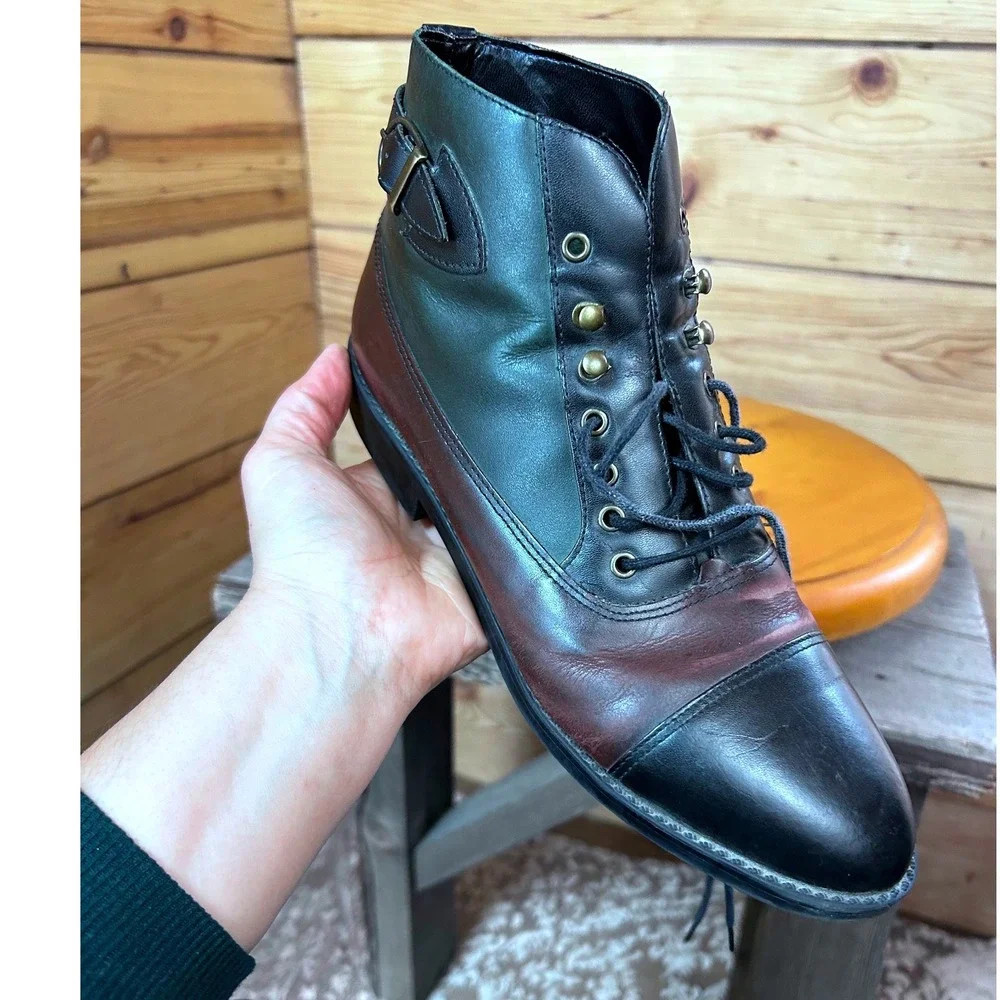 Vintage Tri-Color Leather Lace Up Ankle Boots Made in Brazil Green Burgundy 9M - Picture 9 of 9